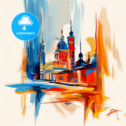 Vibrant Rawalpindi, Pakistan - A Painting Of A Building With Towers And A Building With A Red And Blue Sky