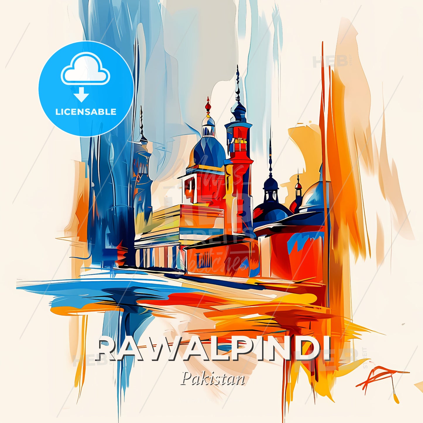 Vibrant Rawalpindi, Pakistan - A Painting Of A Building With Towers And A Building With A Red And Blue Sky - Square format print template