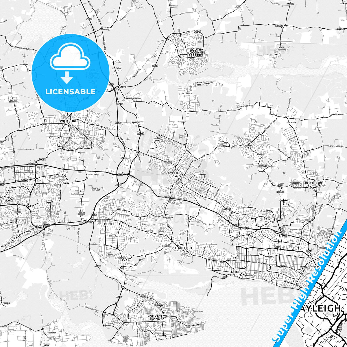 Rayleigh, England light map with streetnames, citynames and districts