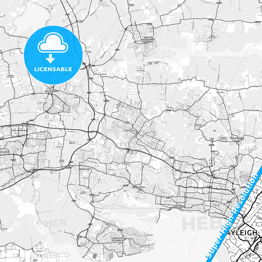 Rayleigh, England light map with streetnames, citynames and districts