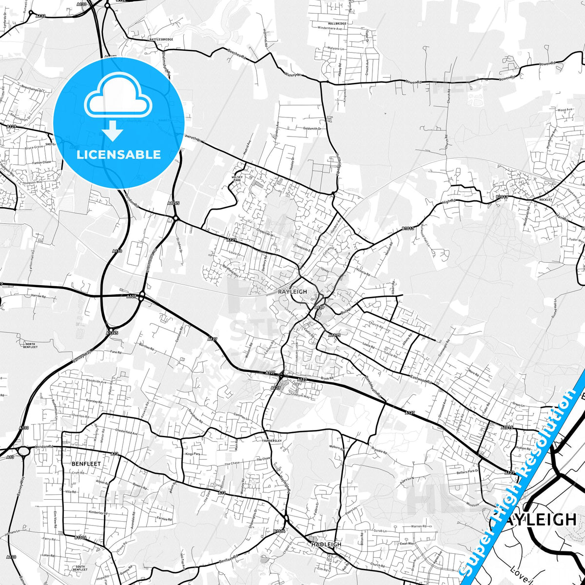Rayleigh, England Light Map with Street Names, City Names, and Districts