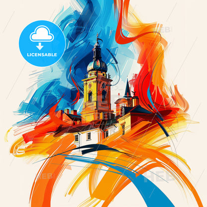 Vibrant Rayleigh, England - A Painting Of A Building With A Tower And Colorful Paint