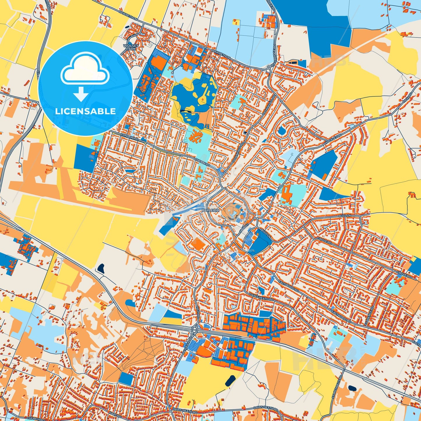 Colorful Rayleigh Street Map with Labels and Buildings