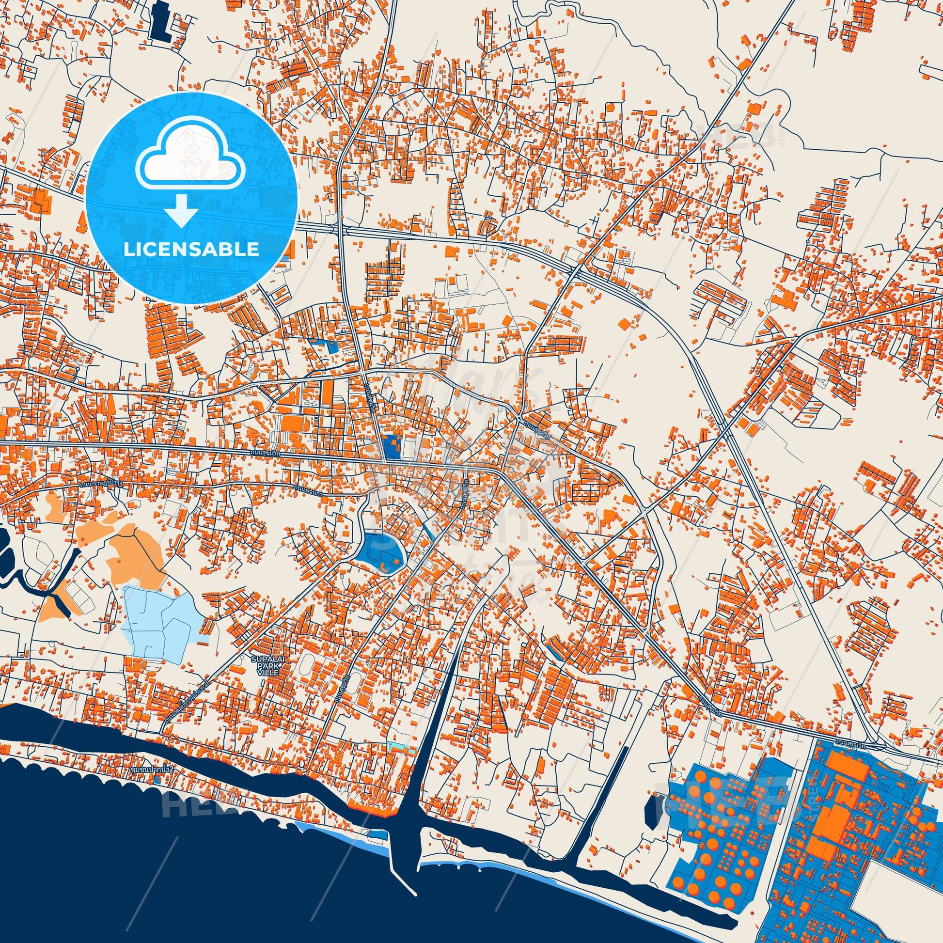 Colorful Rayong Street Map with Labels and Buildings