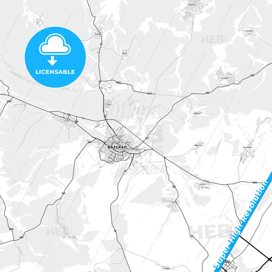Razgrad, Bulgaria light map with streetnames, citynames and districts