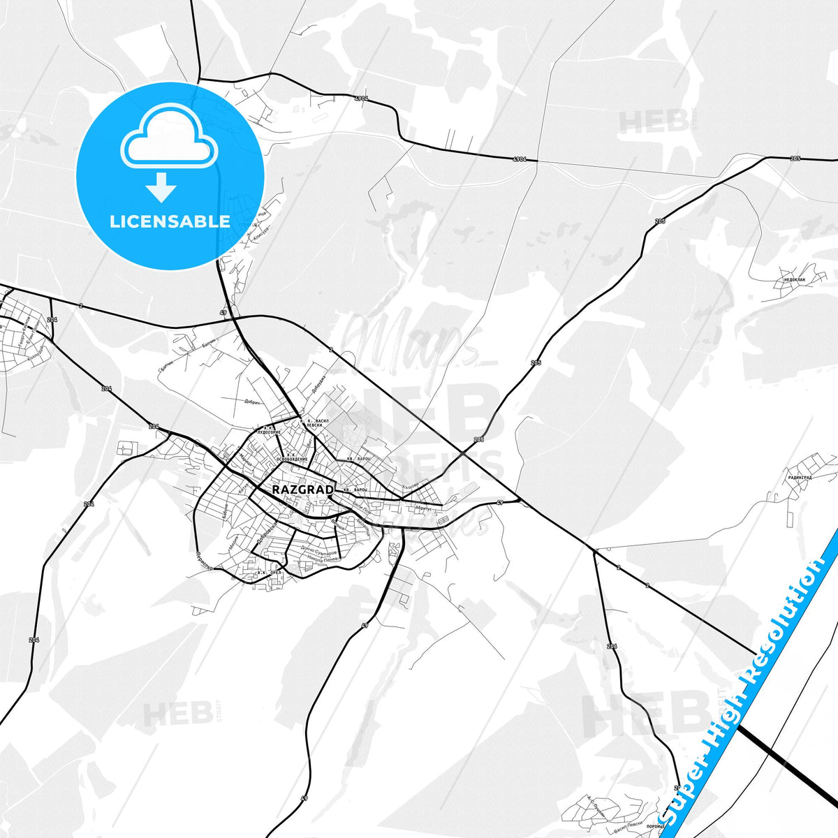 Razgrad, Bulgaria Light Map with Street Names, City Names, and Districts