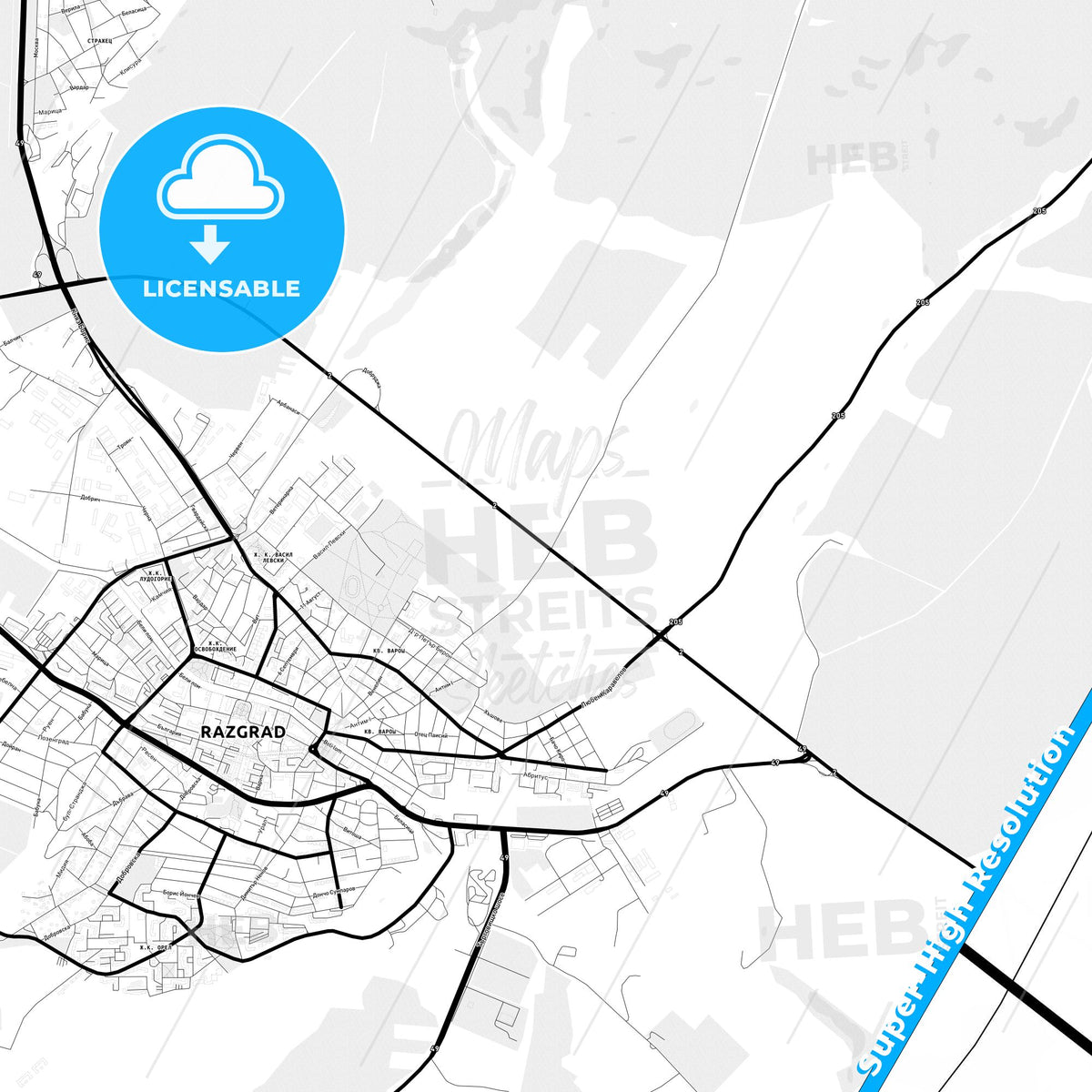 Razgrad, Bulgaria Light Map with Street Names, City Names, and Districts