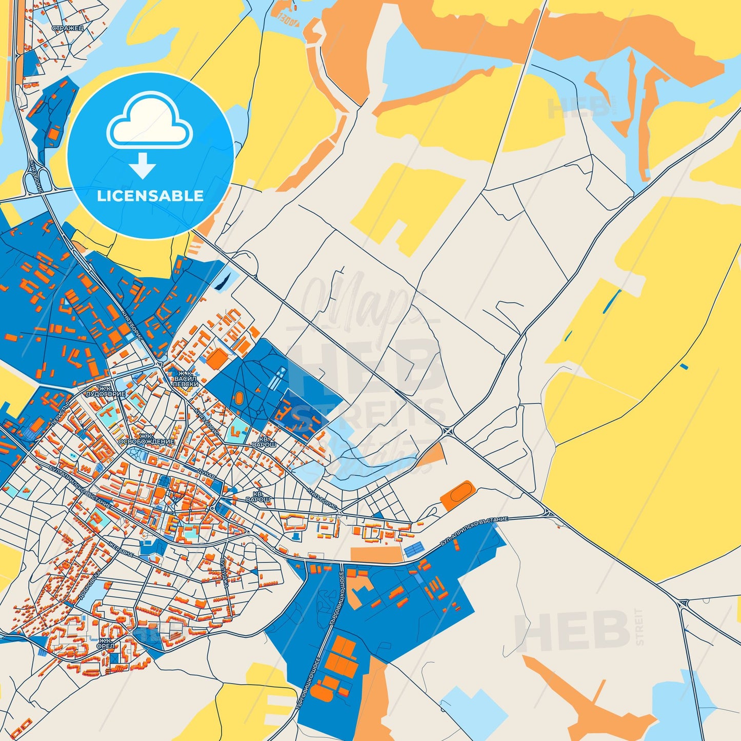 Colorful Razgrad Street Map with Labels and Buildings