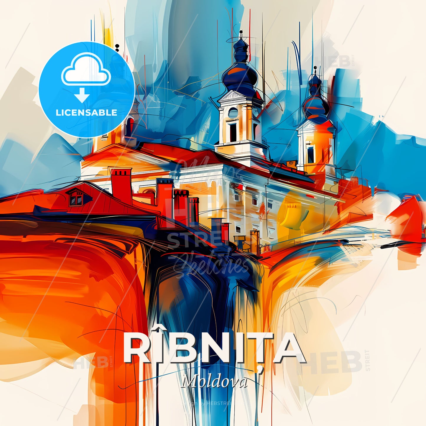 Vibrant Rîbnița, Moldova - A Painting Of A Building With Towers - Square format print template