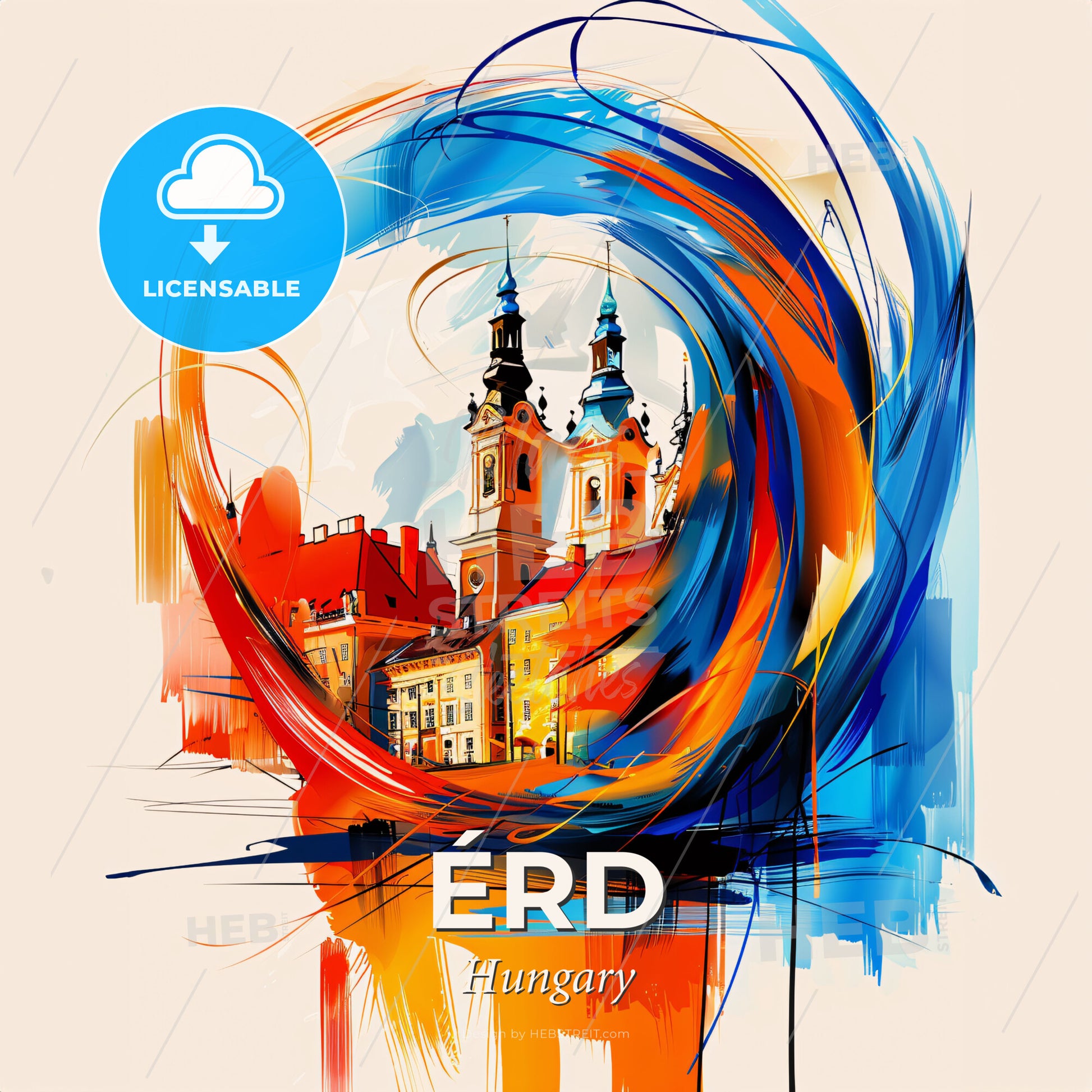 Vibrant Érd, Hungary - A Painting Of A Building With A Tower - Square format print template