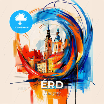 Vibrant Érd, Hungary - A Painting Of A Building With A Tower - Square format print template
