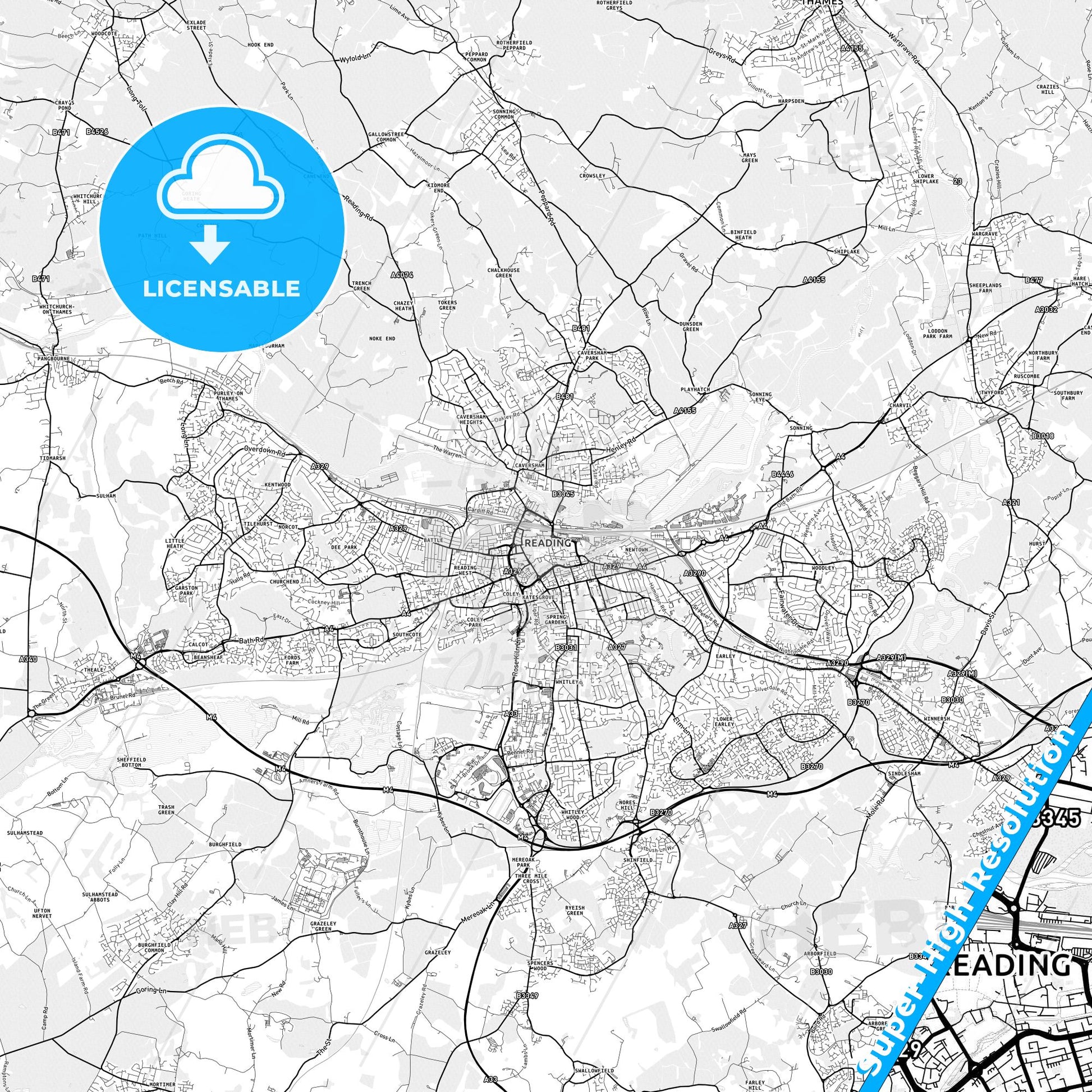 Reading, England light map with streetnames, citynames and districts
