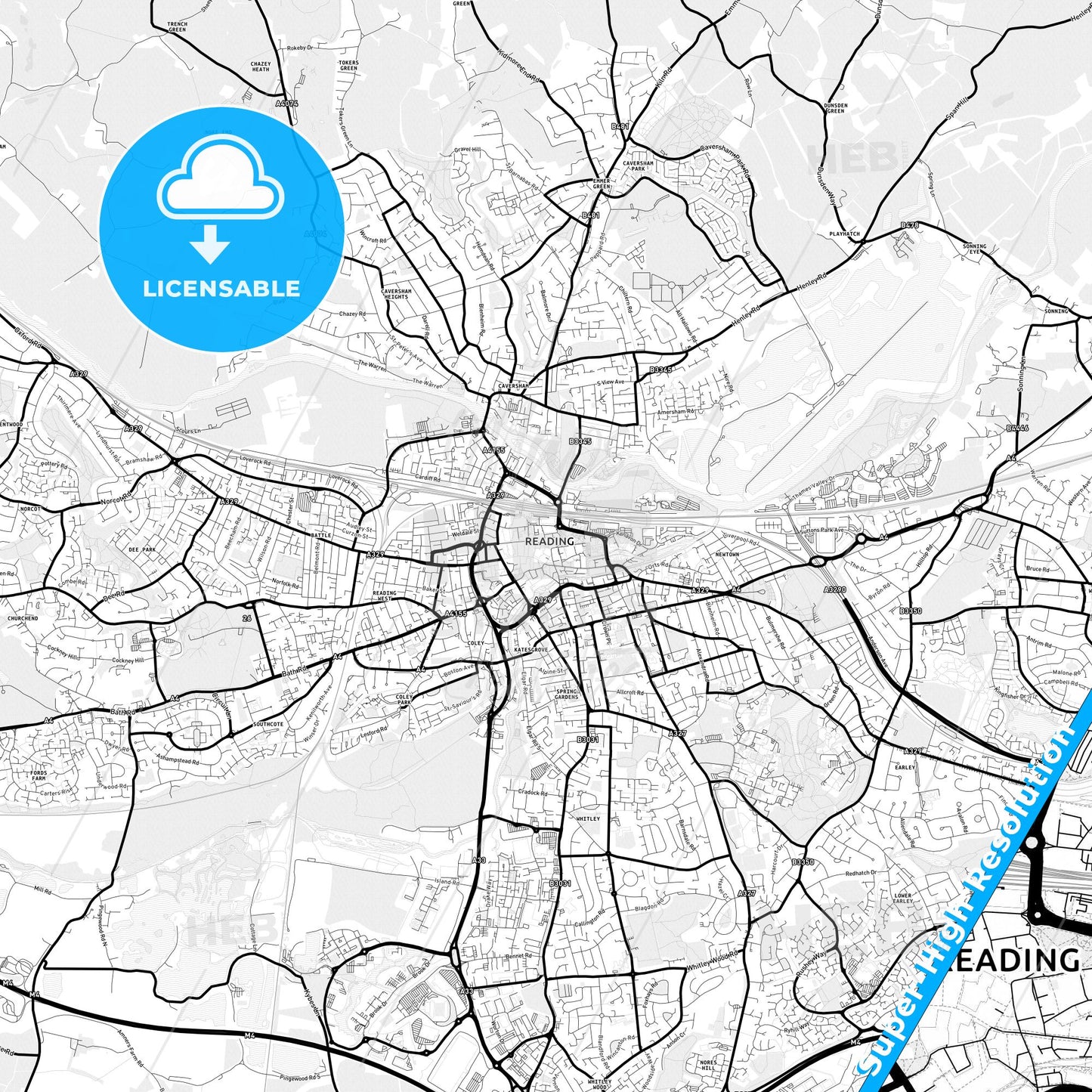 Reading, England Light Map with Street Names, City Names, and Districts