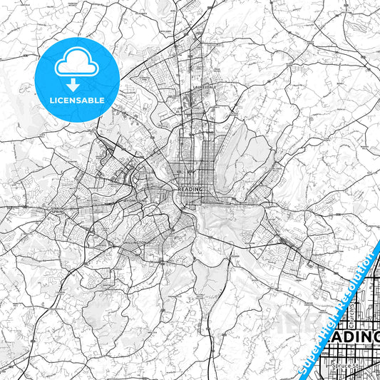 Reading, Pennsylvania light map with streetnames, citynames and districts