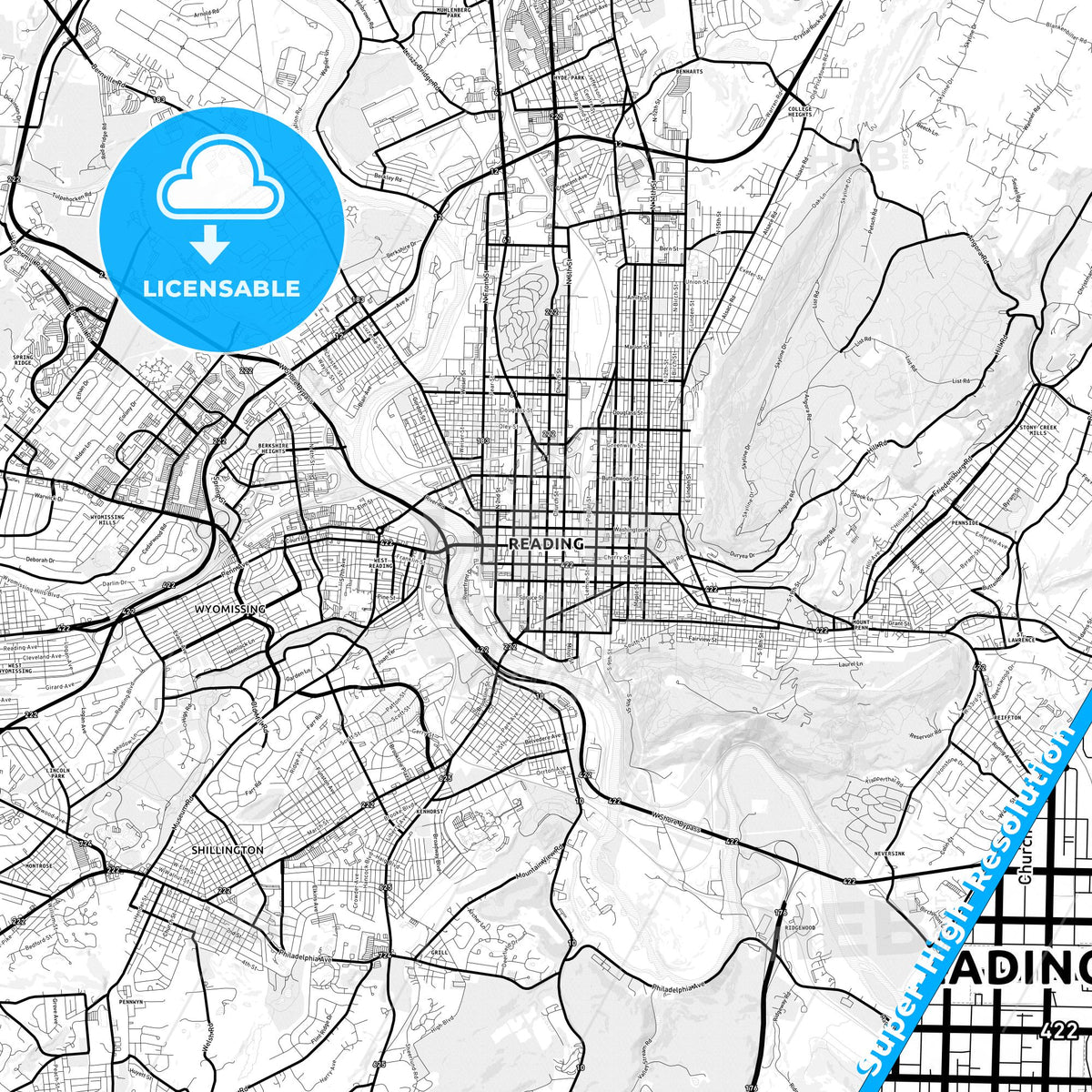 Reading, Pennsylvania Light Map with Street Names, City Names, and Districts