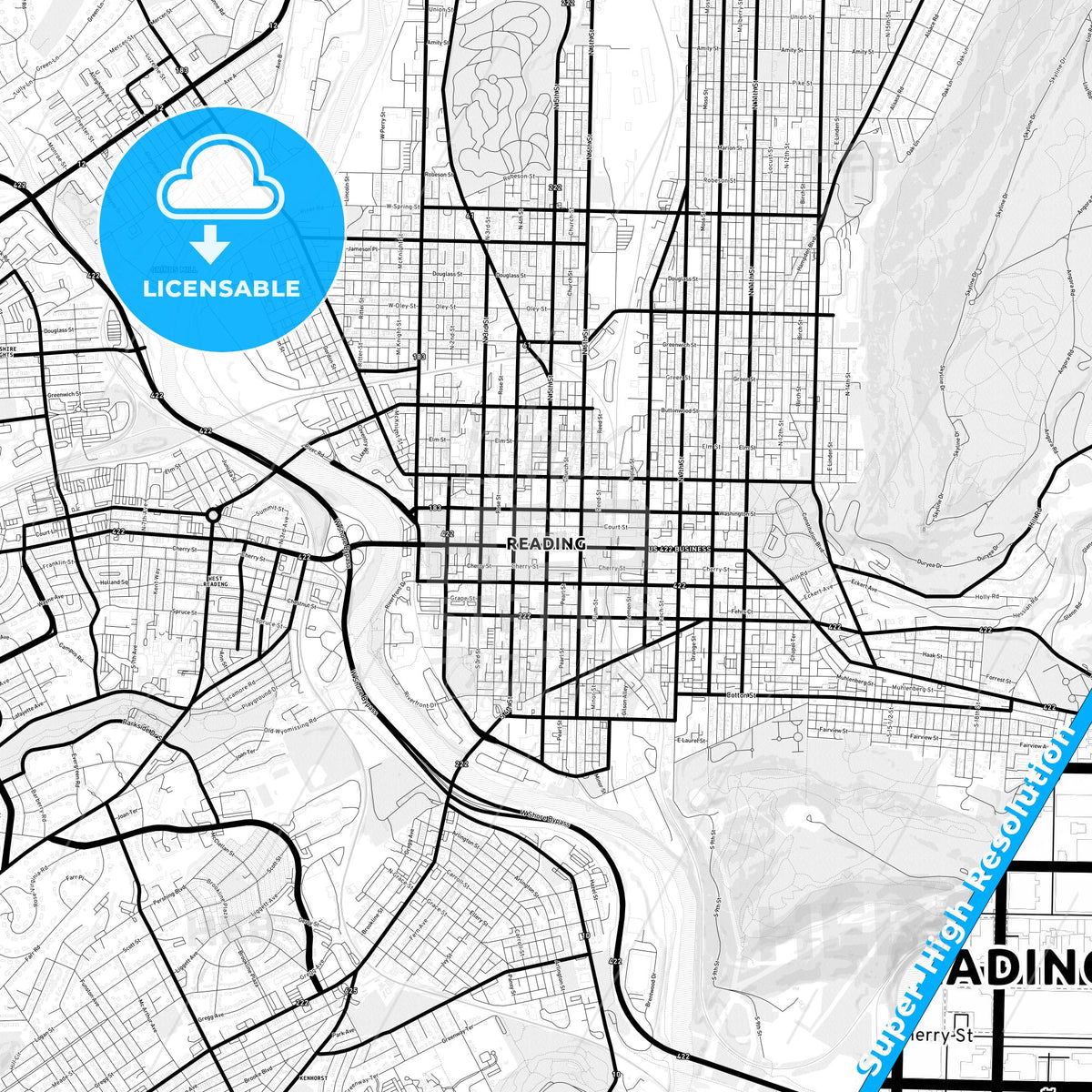 Reading, Pennsylvania Light Map with Street Names, City Names, and Districts