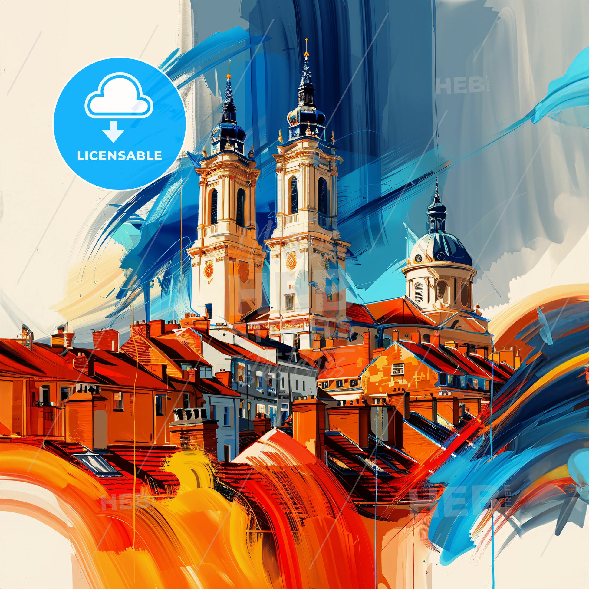 Vibrant Reading, England - A Painting Of A Building With Towers And A Colorful Background