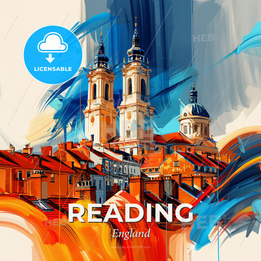 Vibrant Reading, England - A Painting Of A Building With Towers And A Colorful Background - Square format print template