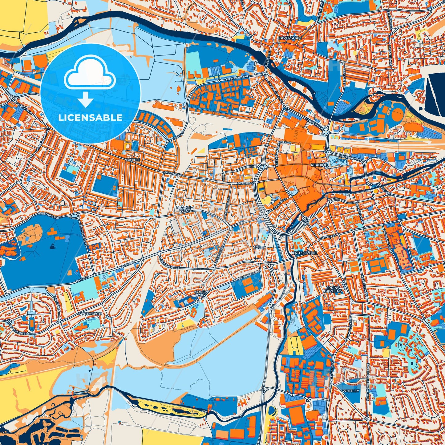 Colorful Reading Street Map with Labels and Buildings