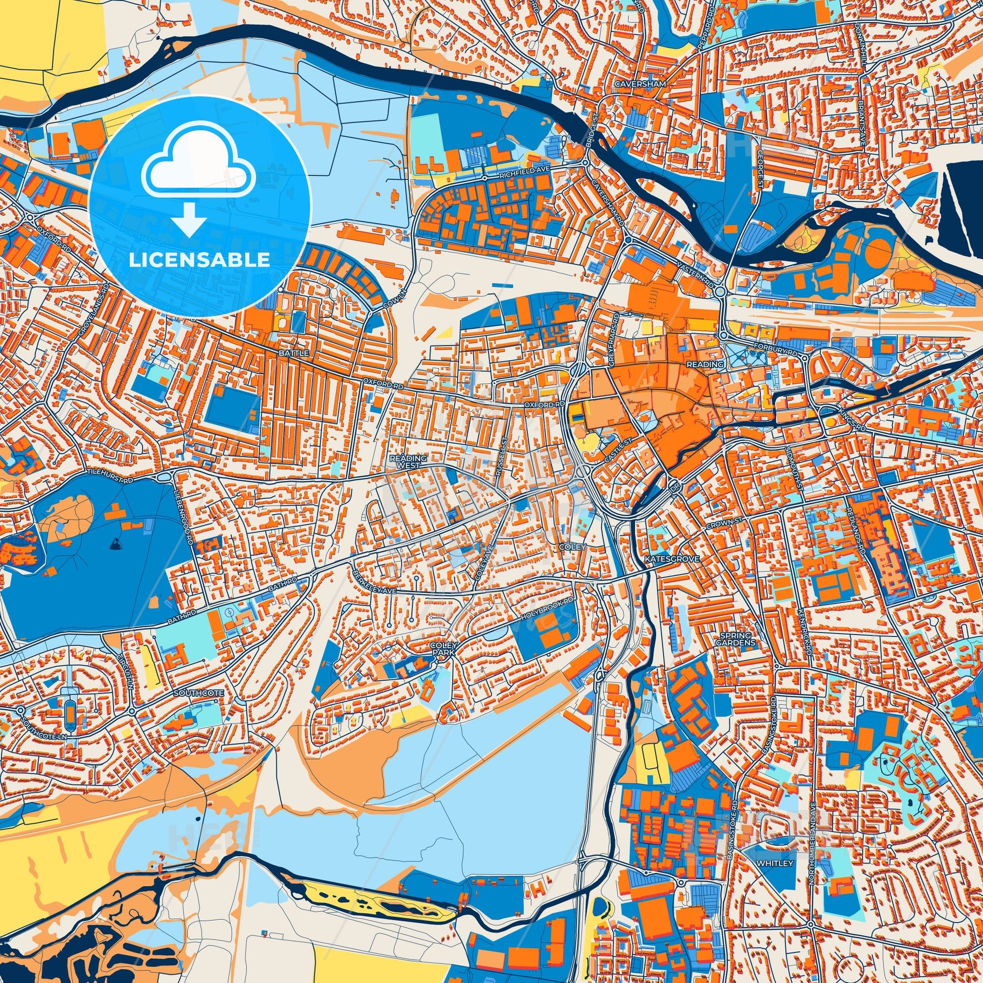 Colorful Reading Street Map with Labels and Buildings
