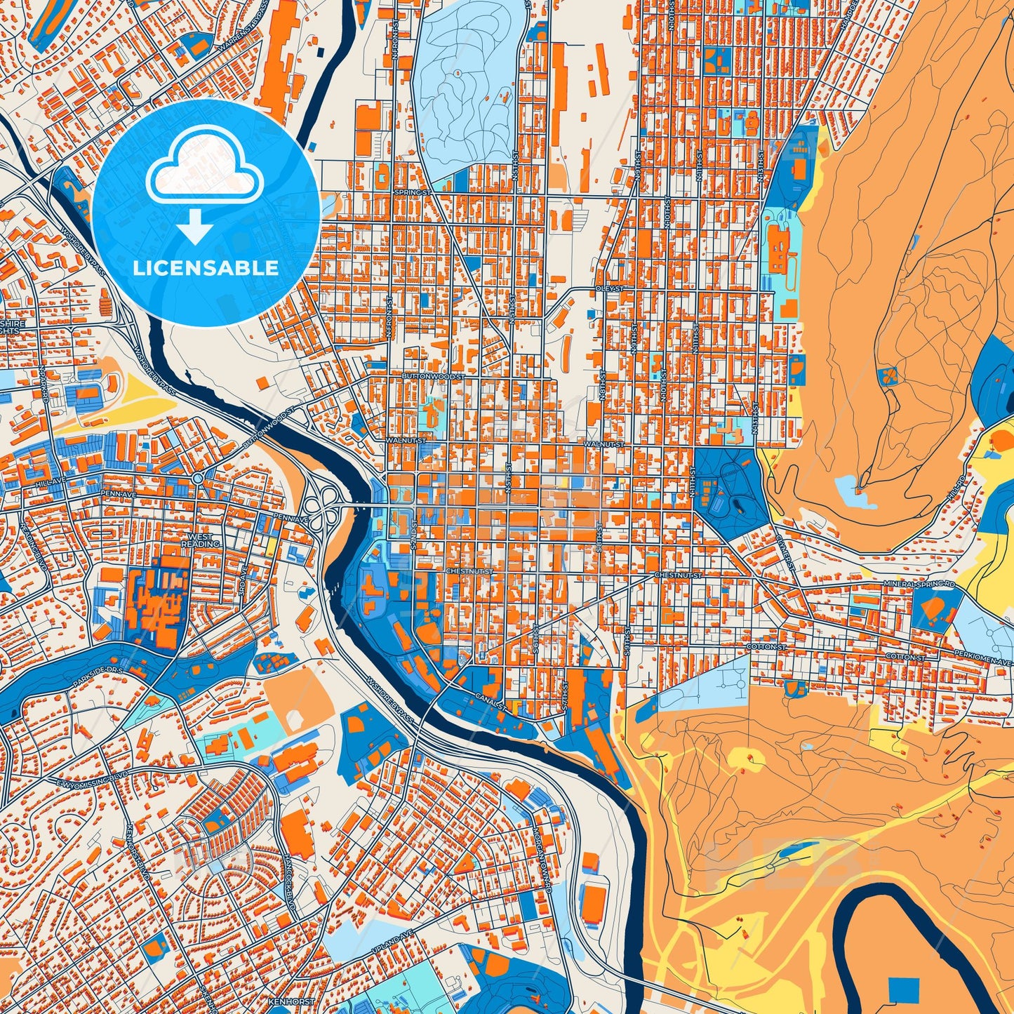 Colorful Reading Street Map with Labels and Buildings