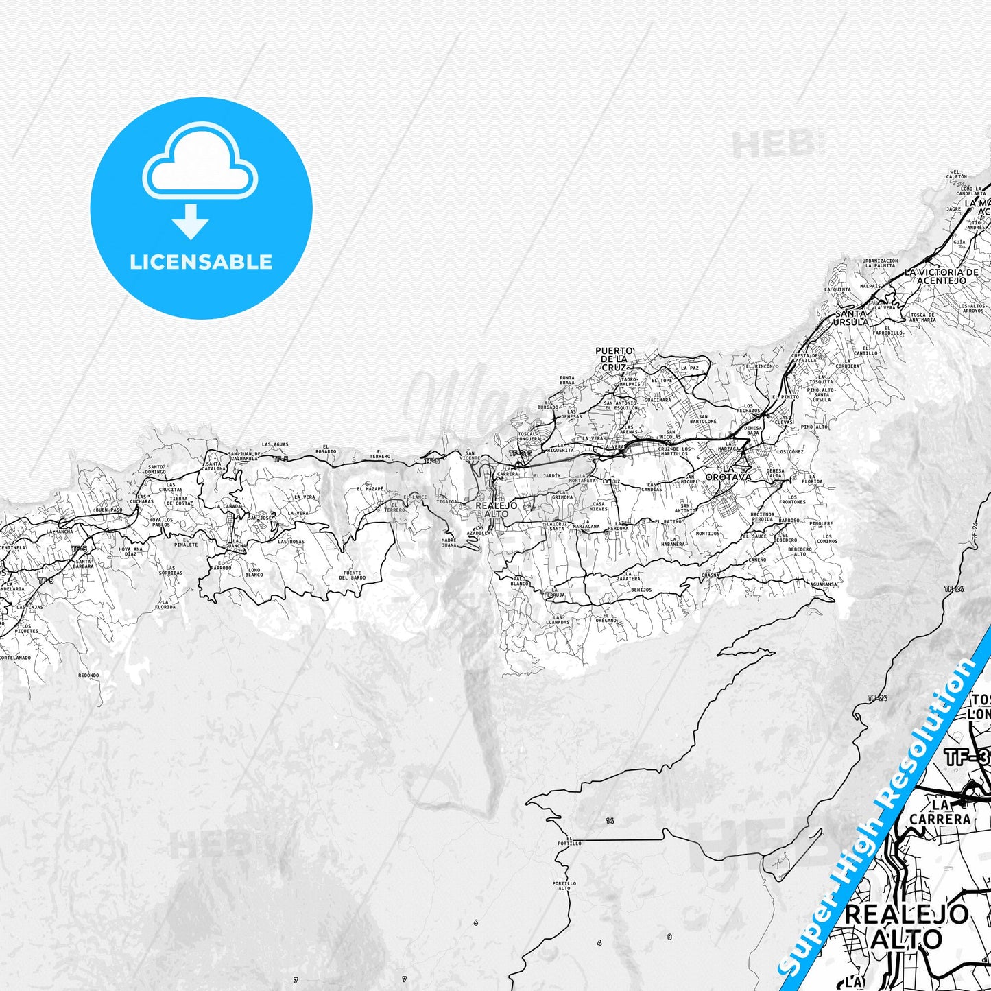 Realejo Alto, Spain light map with streetnames, citynames and districts