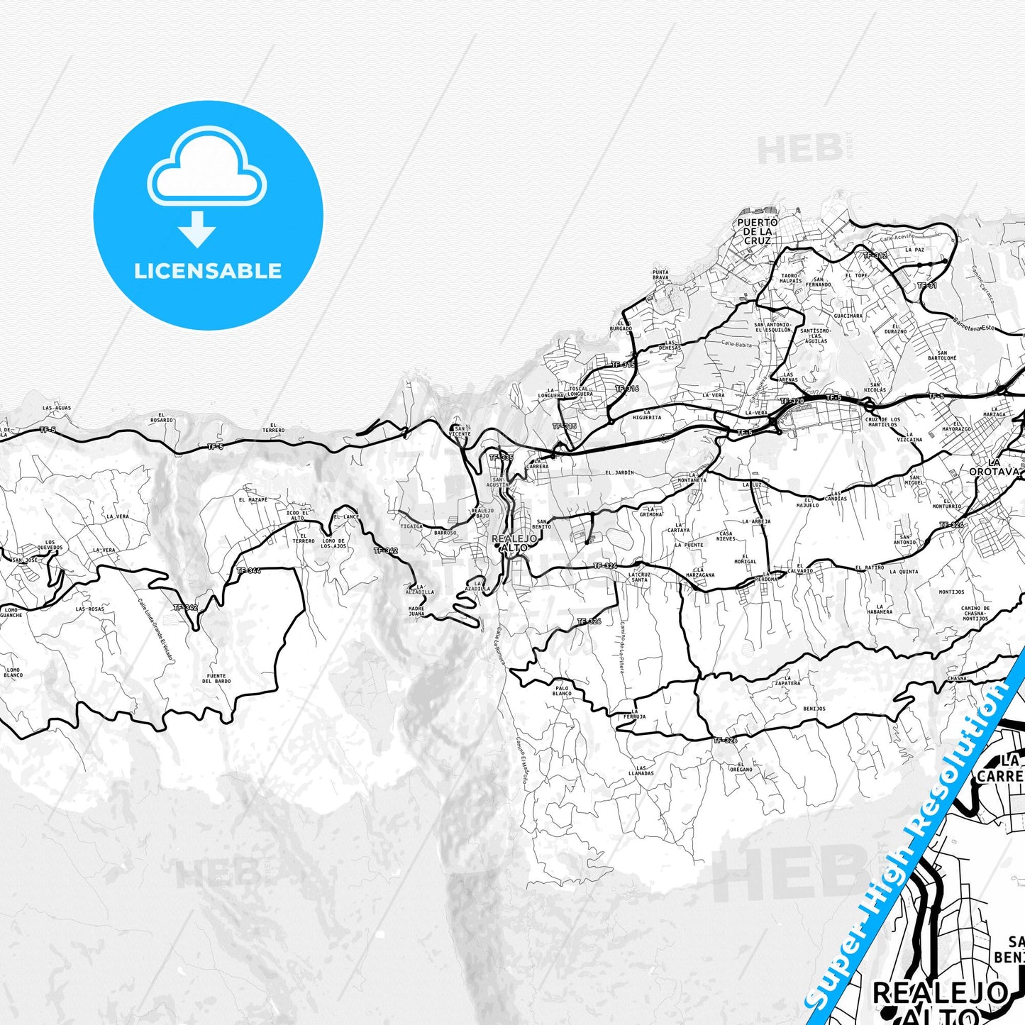 Realejo Alto, Spain Light Map with Street Names, City Names, and Districts