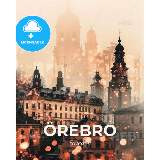 Örebro, Sweden City Icons Double Exposure Art - A group of buildings with towers and a large tower - Square format print template