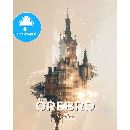 Örebro Skyline Composite Art City Poster - A building with a tower and a building with a tower - Square format print template