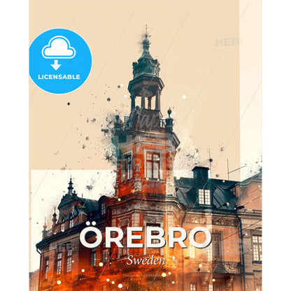 Örebro Cityscape Double Exposure Skyline Art - A building with a bell tower - Square format print template