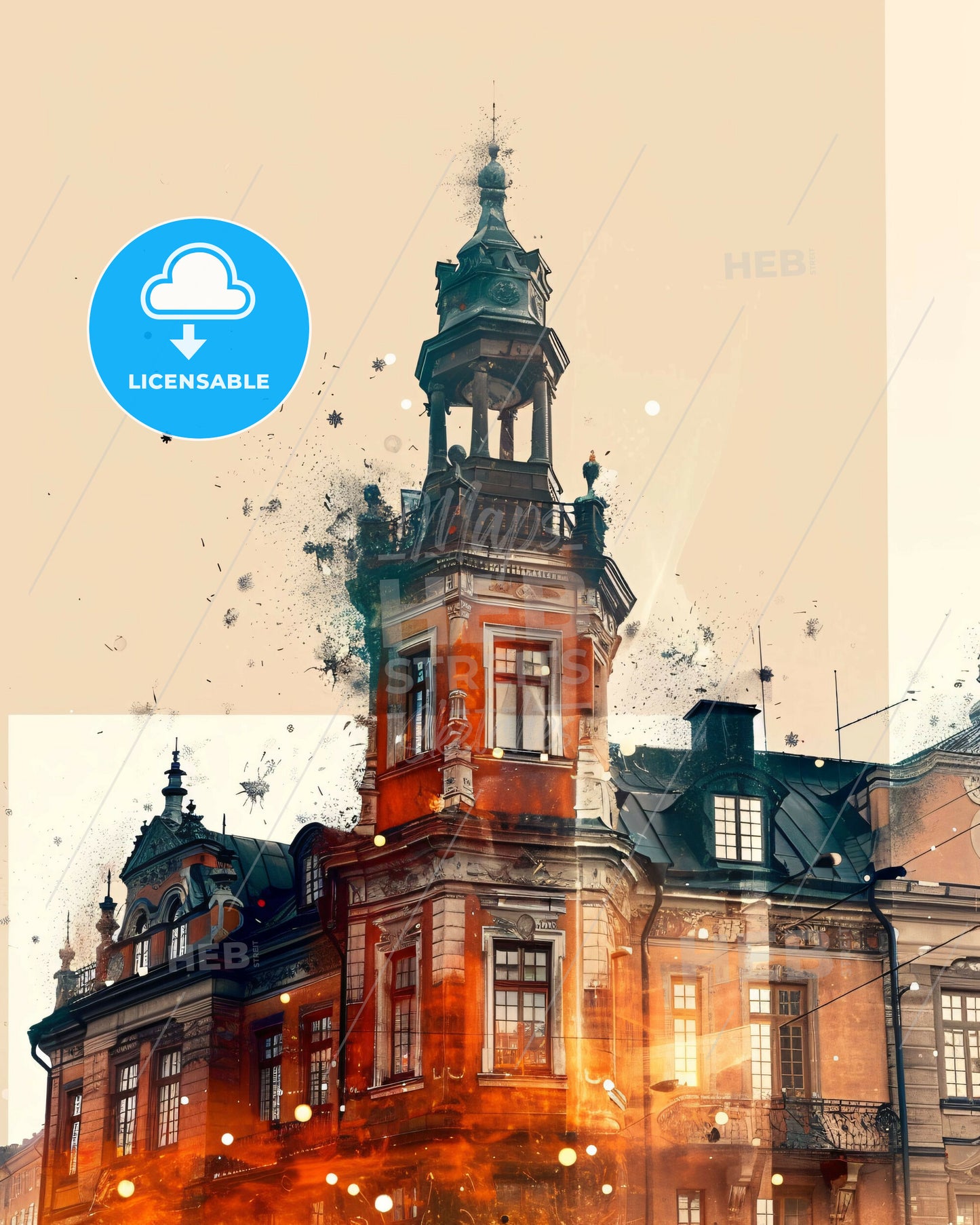 Örebro Cityscape Double Exposure Skyline Art - A building with a bell tower