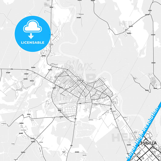 Rechytsa, Belarus light map with streetnames, citynames and districts