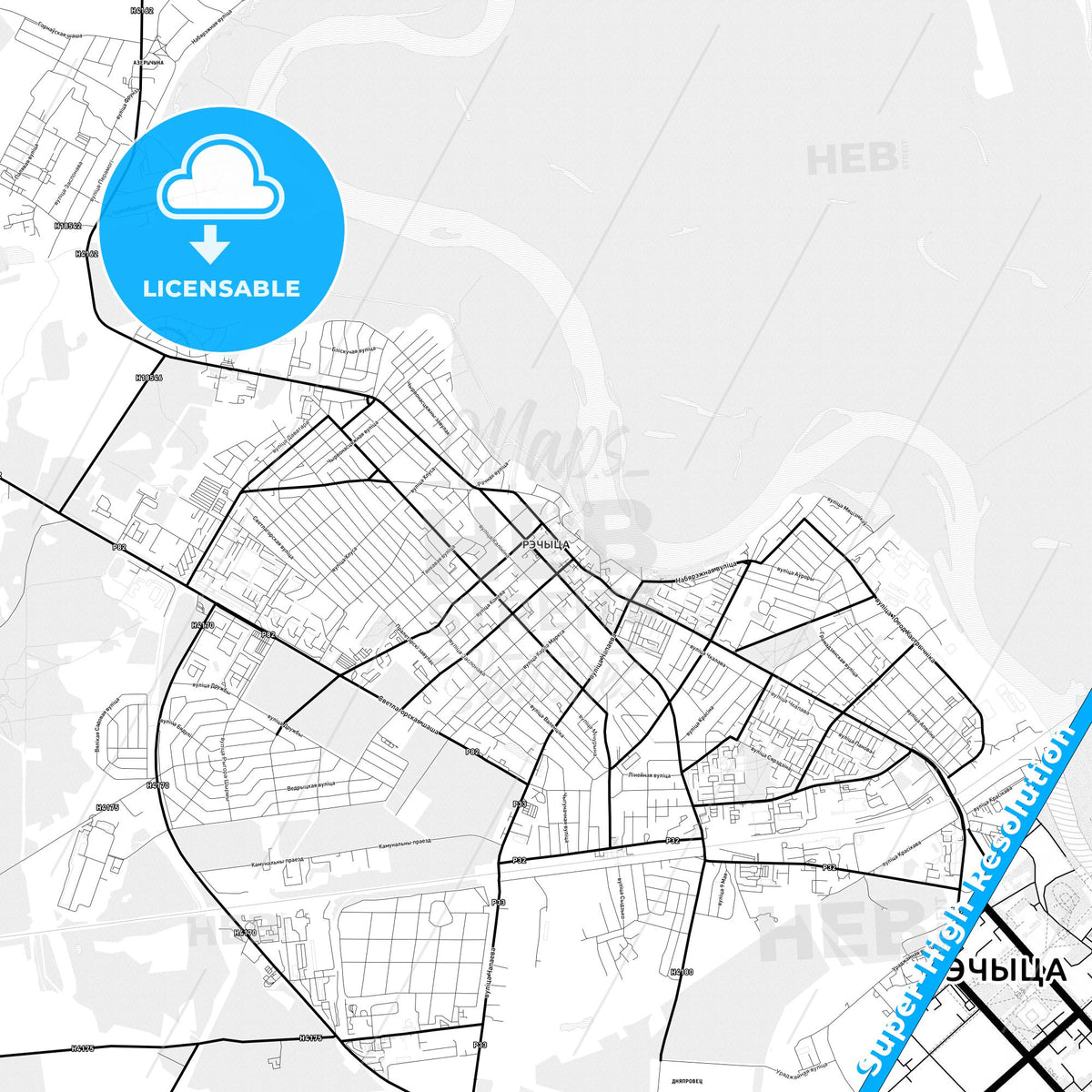 Rechytsa, Belarus Light Map with Street Names, City Names, and Districts