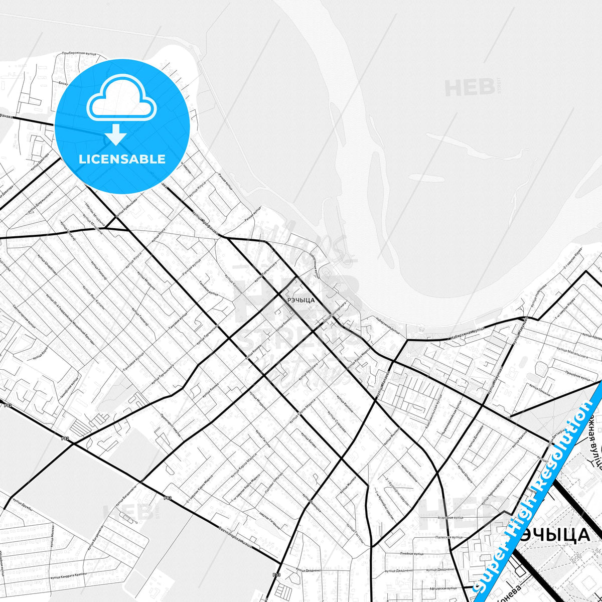 Rechytsa, Belarus Light Map with Street Names, City Names, and Districts