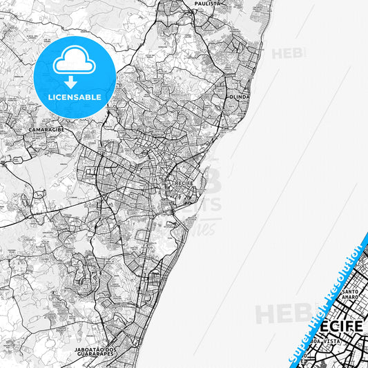 Recife, Brazil light map with streetnames, citynames and districts