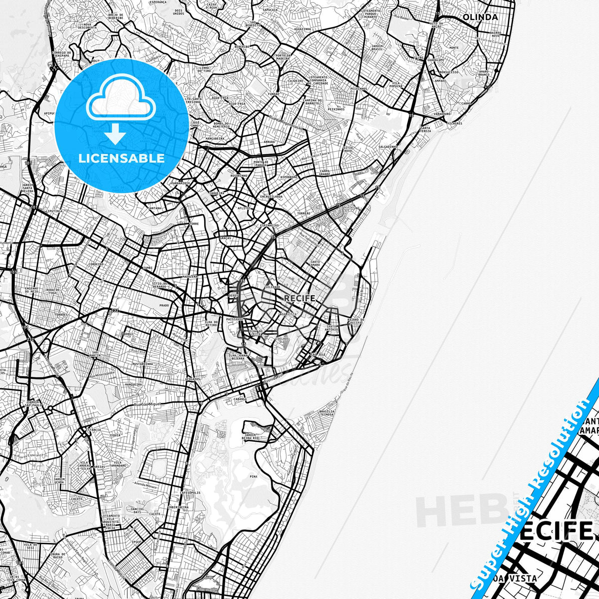 Recife, Brazil Light Map with Street Names, City Names, and Districts
