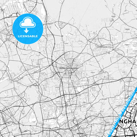 Recklinghausen, Germany light map with streetnames, citynames and districts