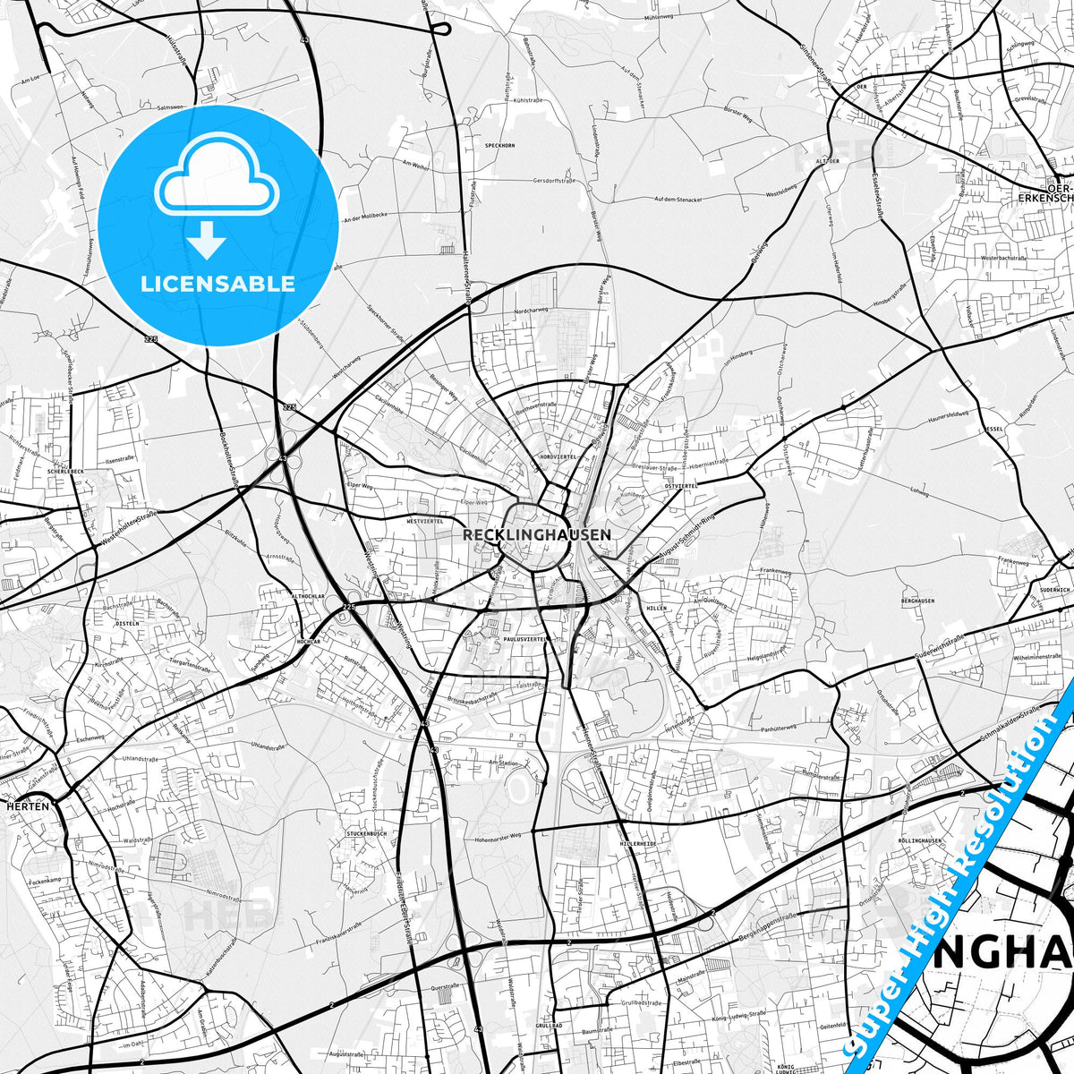 Recklinghausen, Germany Light Map with Street Names, City Names, and Districts