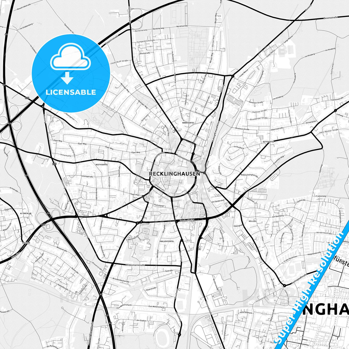 Recklinghausen, Germany Light Map with Street Names, City Names, and Districts