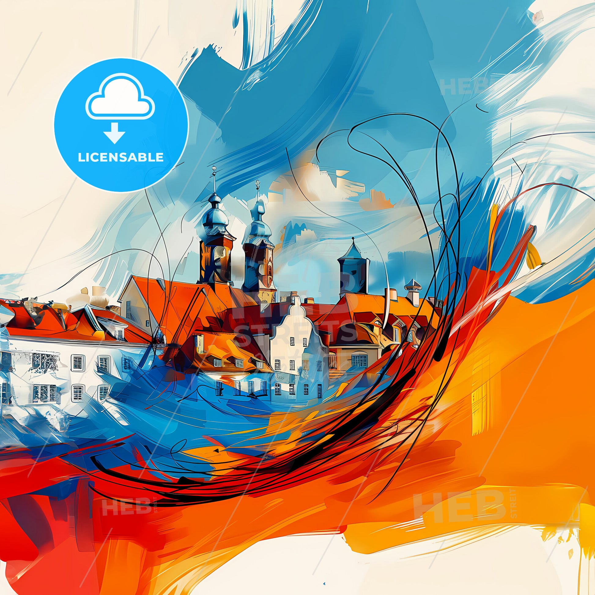 Vibrant Recklinghausen, Germany - A Painting Of A Town With Buildings And Blue And Orange Colors