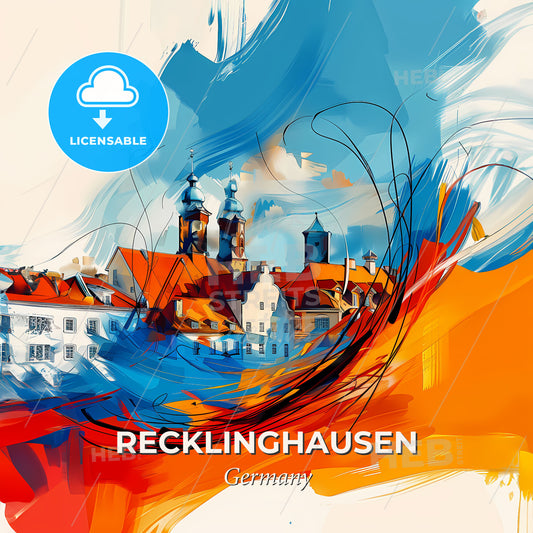 Vibrant Recklinghausen, Germany - A Painting Of A Town With Buildings And Blue And Orange Colors - Square format print template