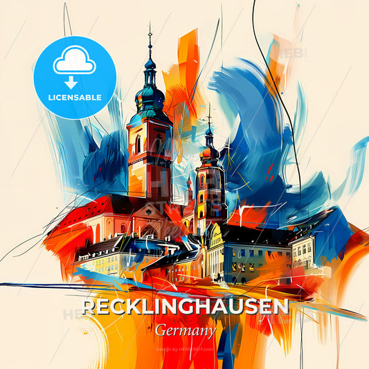 Vibrant Recklinghausen, Germany - A Painting Of A Building With Towers - Square format print template