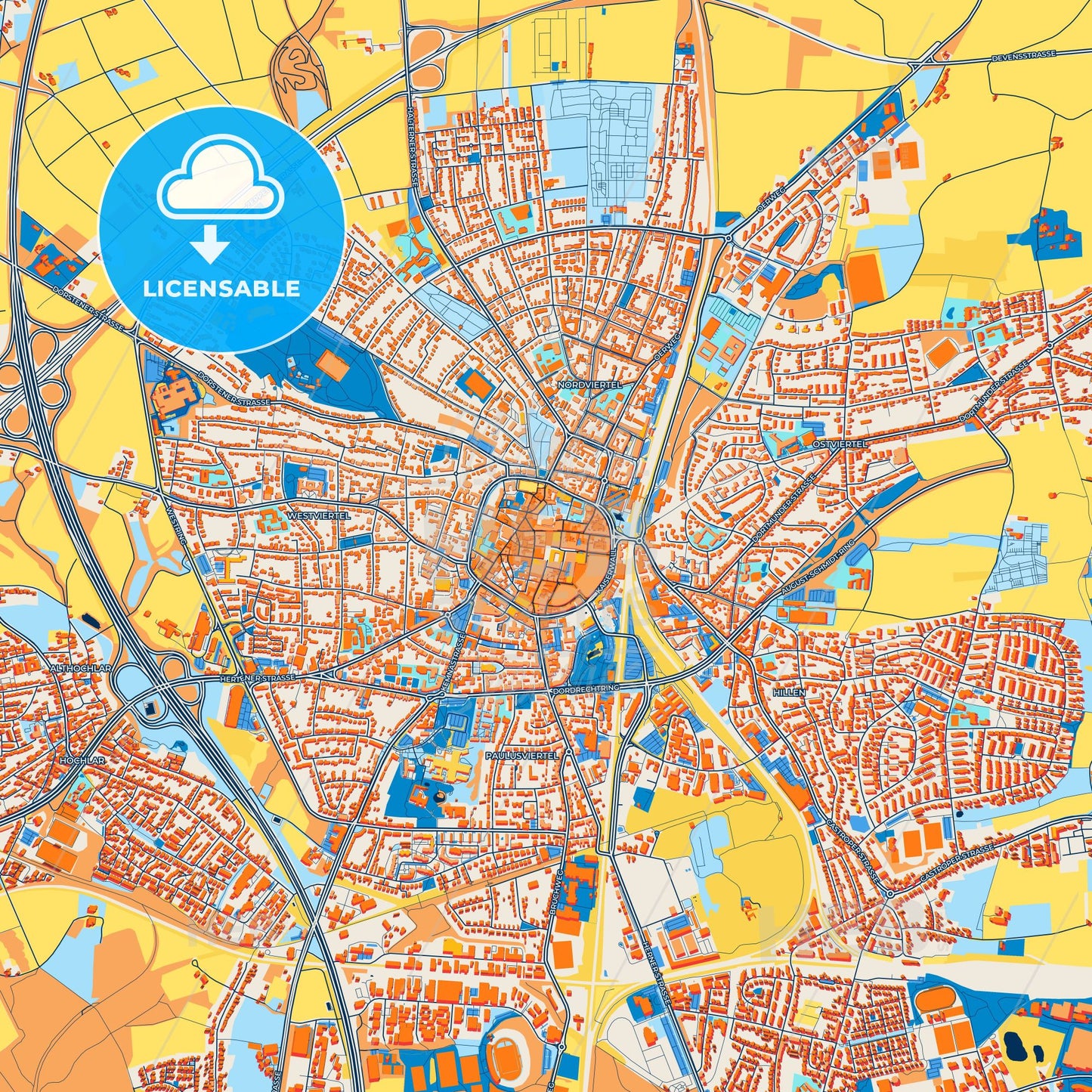 Colorful Recklinghausen Street Map with Labels and Buildings