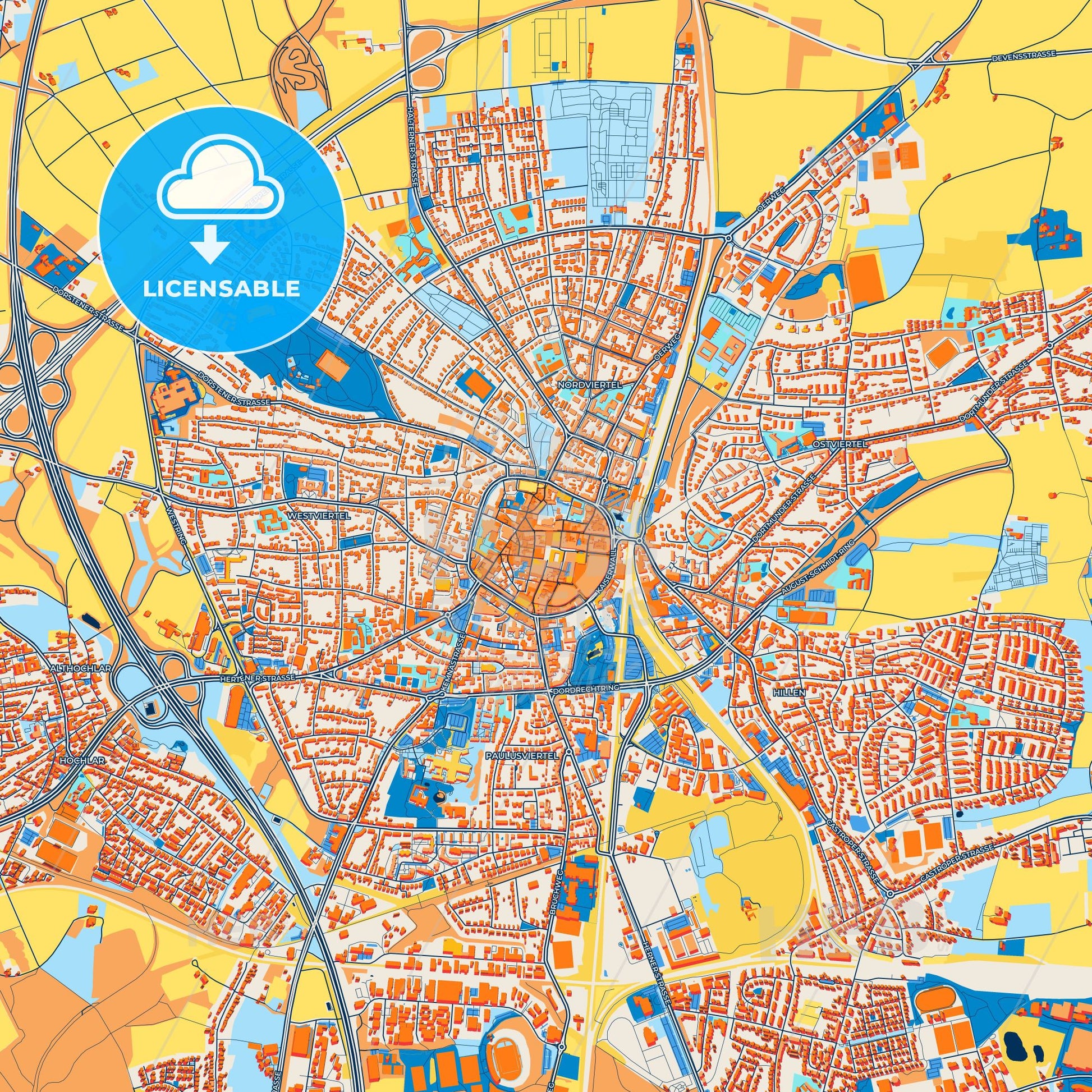 Colorful Recklinghausen Street Map with Labels and Buildings
