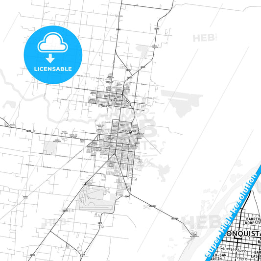 Reconquista, Argentina light map with streetnames, citynames and districts