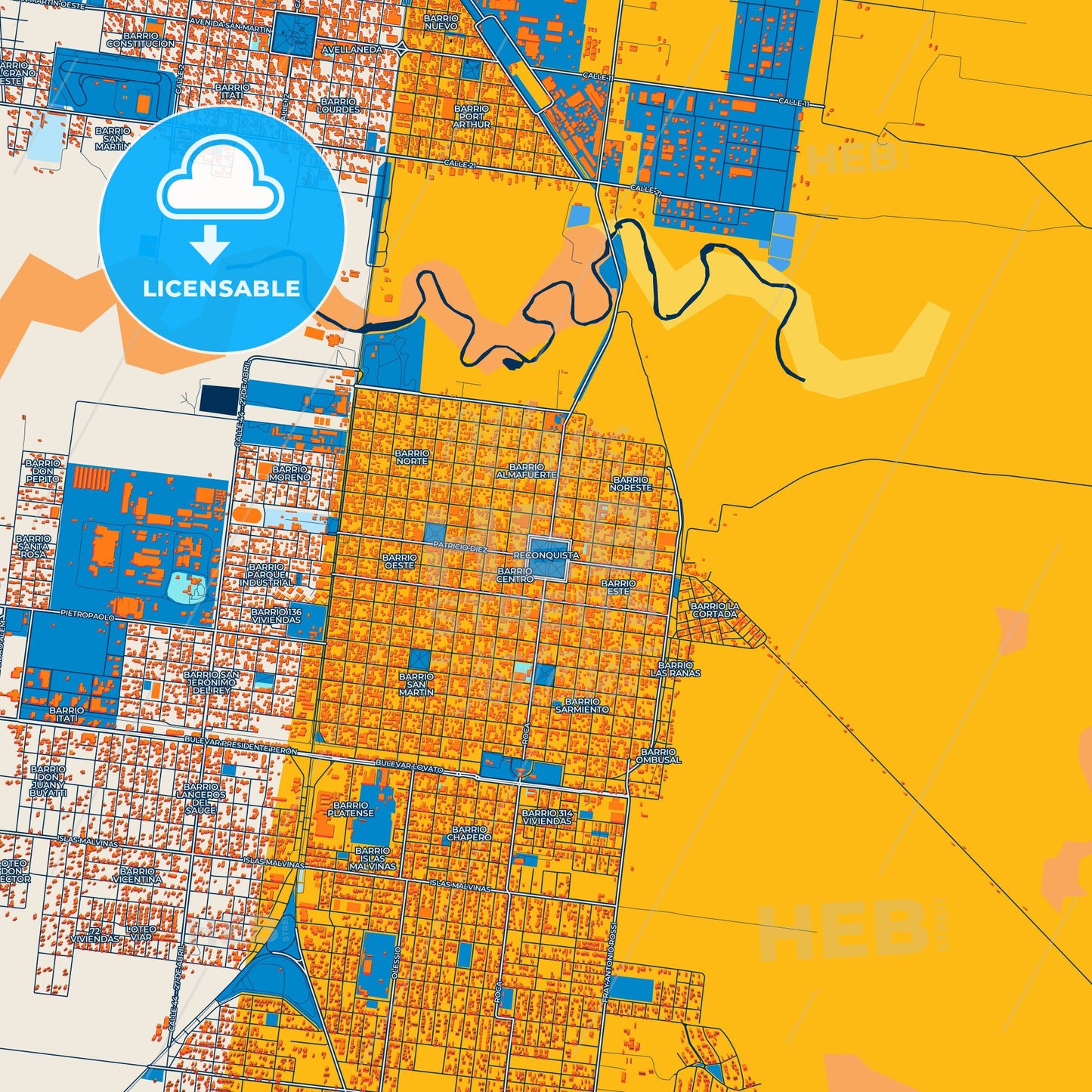 Colorful Reconquista Street Map with Labels and Buildings