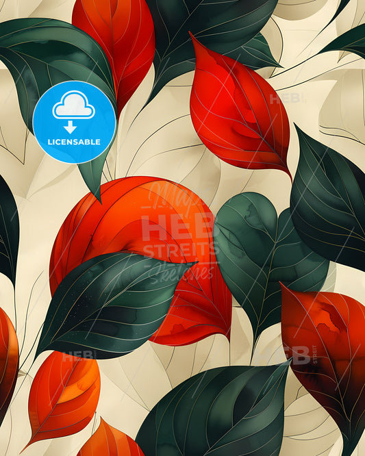 Watercolor Art Deco Leaf Pattern: Red, Green, Black, Close-Up