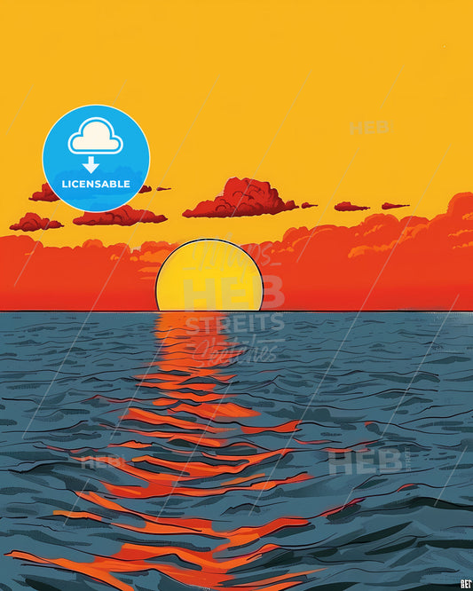 Golden Sunset Seascape: Tranquil Sky with Orange Clouds, Art Photography of Vibrant Sun over Water