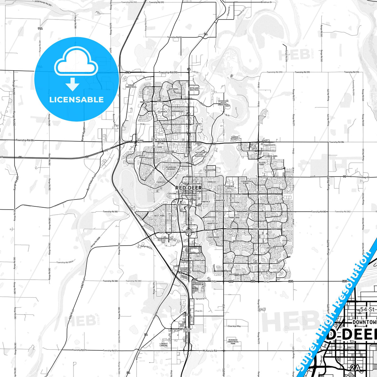 Red Deer, Canada light map with streetnames, citynames and districts