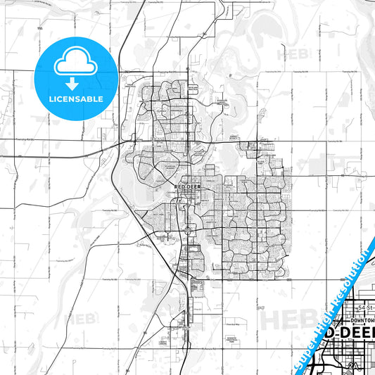 Red Deer, Canada light map with streetnames, citynames and districts